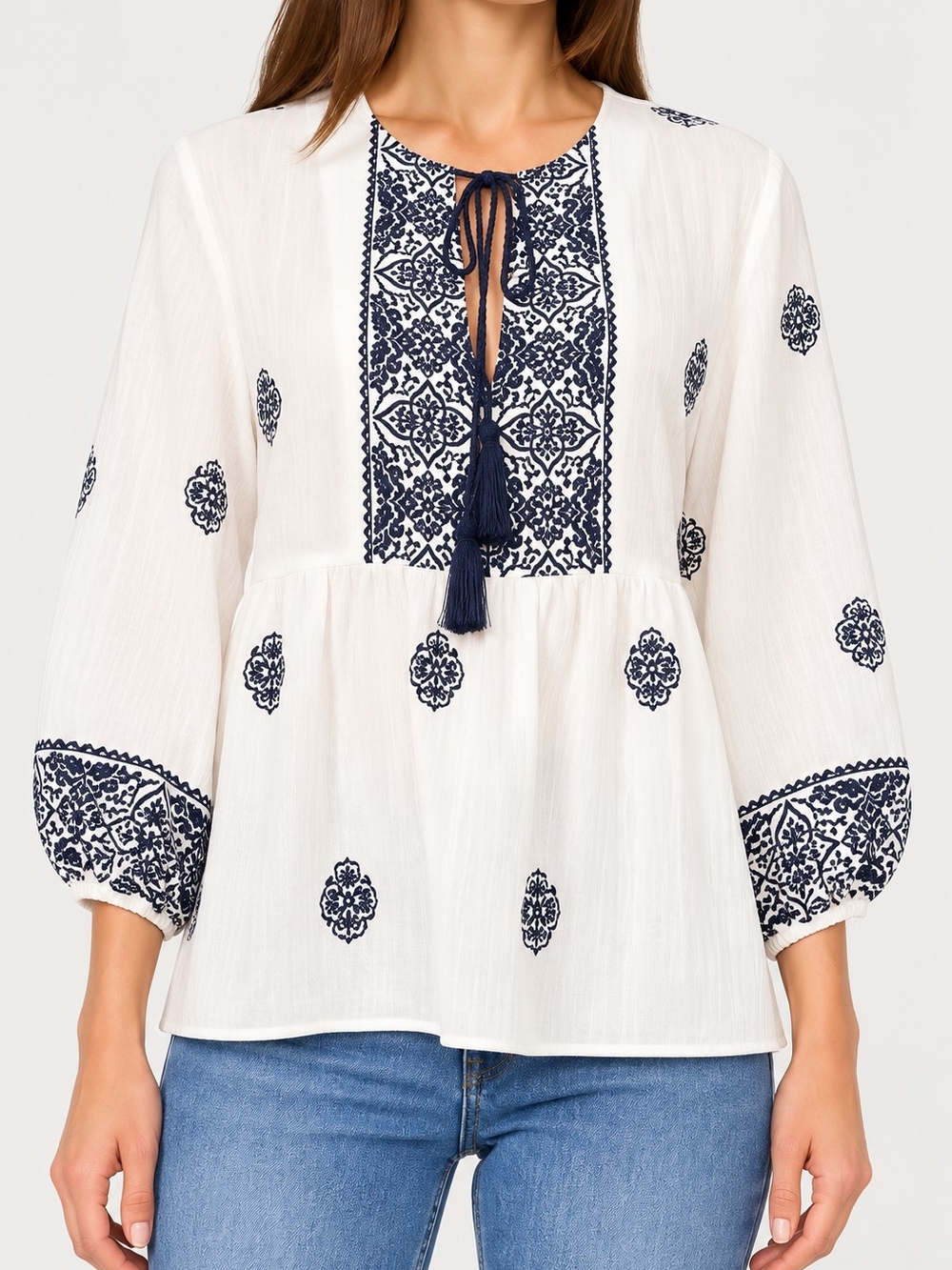 Two By Vince Camuto Windswept Wonder Embroidered Peplum Blouse-Sz XS
